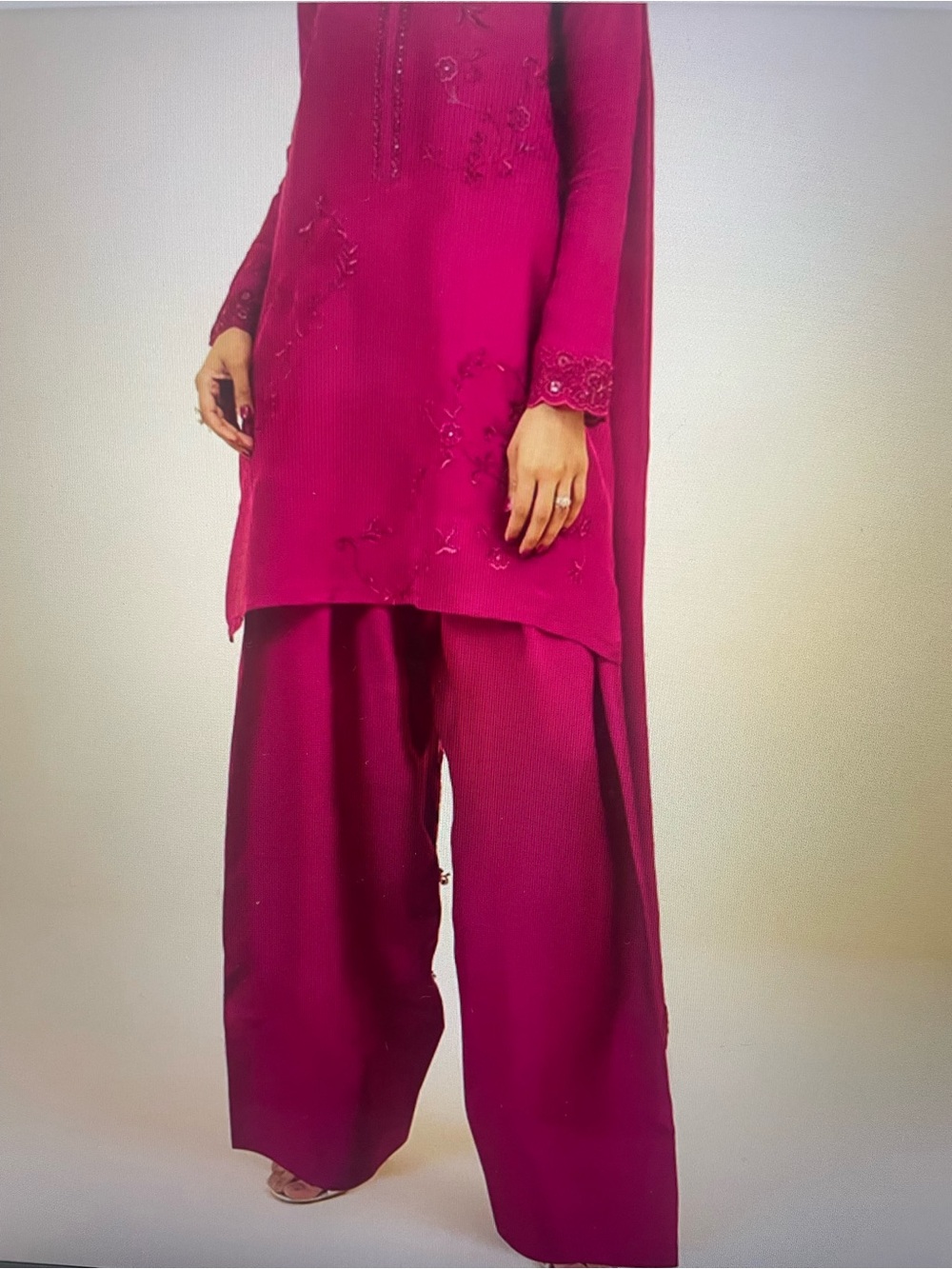 Fuchsia Embroidered Women’s Long Sleeve Kurta with Dupatta and Farshi Shalwar